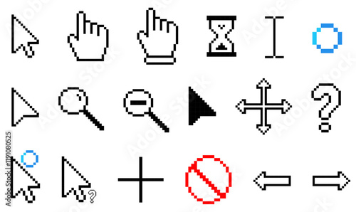 Various computer cursor icons, including pointers, hands, hourglass, spinning circles, magnifiers, arrows, question marks, cross symbols, plus signs, minus signs, and prohibition icons, pixel art.