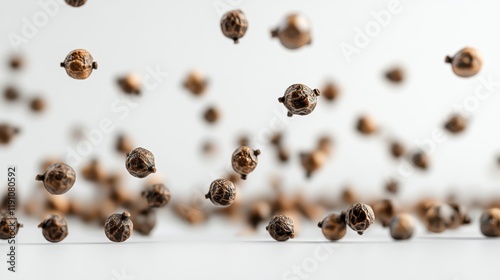 Floating Brown Seeds on White Background for Minimalist Composition