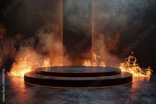 Detailed Picture of Empty Podium Stage with Flames and Smoke Background