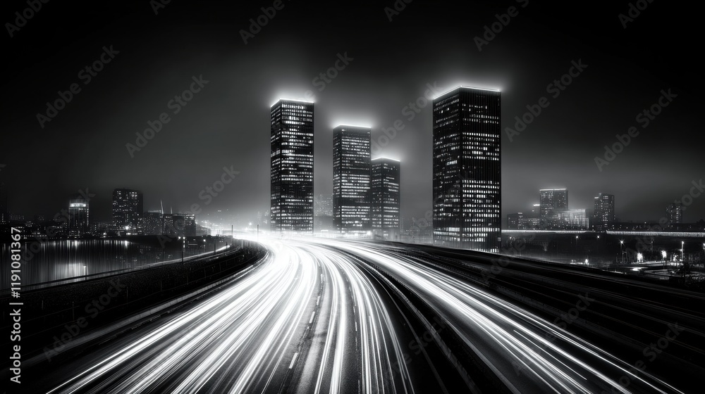 Fototapeta premium Night Cityscape with Light Trails and Modern Skyscrapers