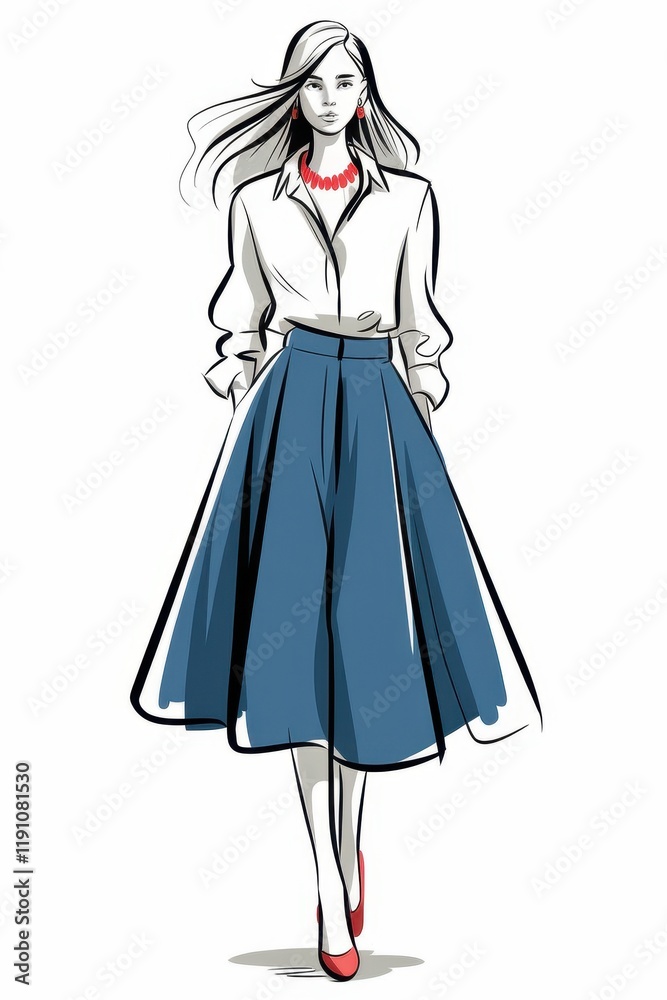 Fashion Illustration of a Woman in a White Blouse and Blue Skirt Fashion Illustration of a Woman in a White Blouse and Blue Skirt