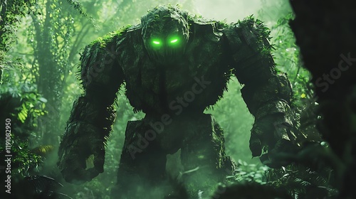 Fototapeta Naklejka Na Ścianę i Meble -  Earth golem with glowing green eyes walking through a dense jungle