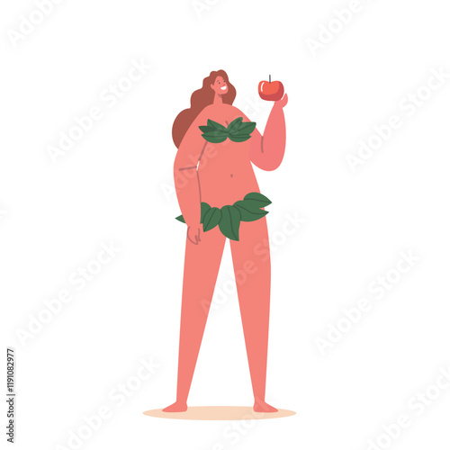 Eva With Apple Isolated On White Background. Young Female Character Holding Fruit From Forbidden Tree. Biblical Story