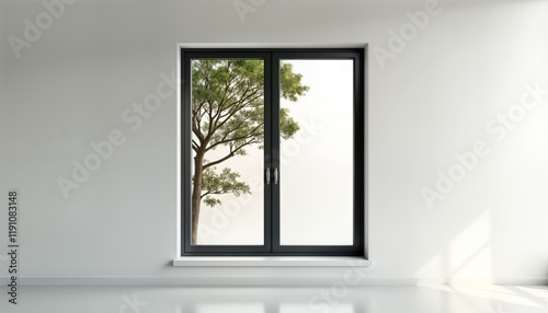 Modern casement window with sleek black frame, clear glass against pristine white background. Empty room with view of tree outside. Interior design concept. Stylish, simple. New building home. Clean photo