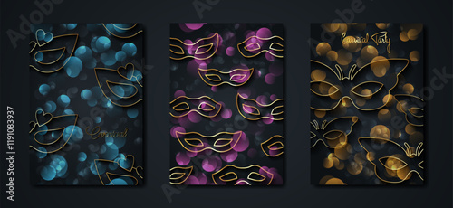 Carnival gold and black posters set, flyer or invitation design. Festive Golden cards. Vector illustration. Elegant luxury tickets with pattern and emblem. Colorful blurred fashion banners