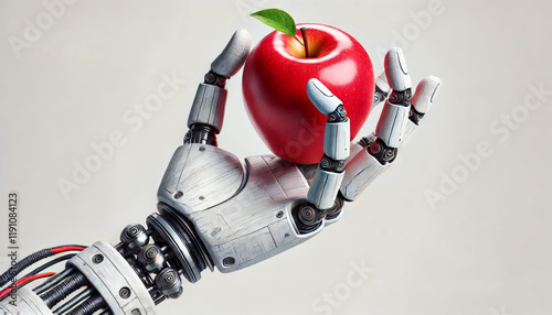 Robot hand holding apple on dark background
