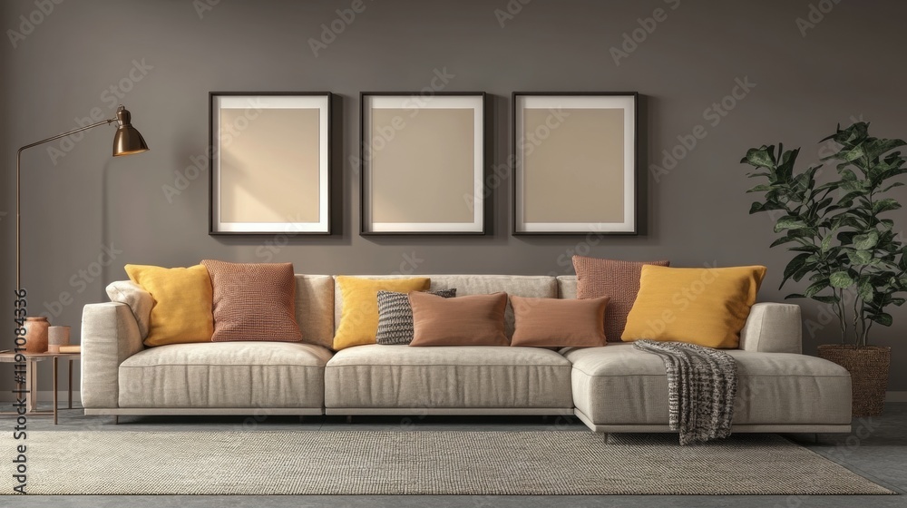 Fototapeta premium Cozy Living Room with Neutral Tones and Stylish Decor Elements