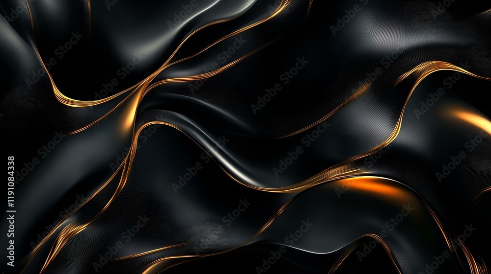 Obraz premium Abstract black background with flowing golden lines creating a luxurious and dynamic design.