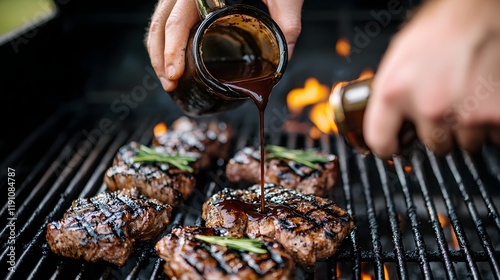 Close up view of hands carefully pouring marinade sauce over succulent grilled meat on a hot barbecue grill creating a mouthwatering culinary display of flavors and aromas