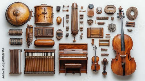 Antique musical instruments arranged aesthetically. photo