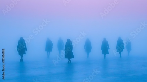 Mysterious silhouetted figures emerging from a thick ethereal fog in a moody ambiguous landscape setting  The scene has a surreal dreamlike a sense of mystery and the unknown