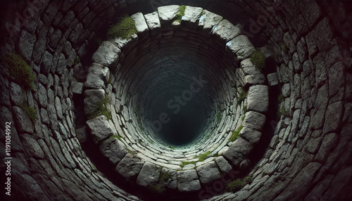 Deep, dark, stone well interior