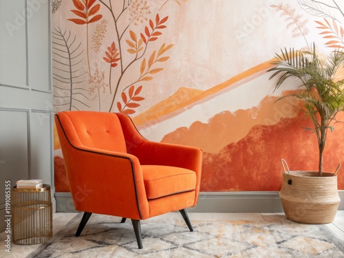 Orange Velvet Armchair in a Stylish Modern Living Room photo