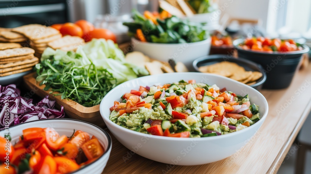 Avocado is a brunch favorite, perfect for guacamole and more. Colorful salad spread with fresh vegetables on a wooden table. Avocado is a brunch favorite, perfect for guacamole and more. Colorful salad spread with fresh vegetables on a wooden table.