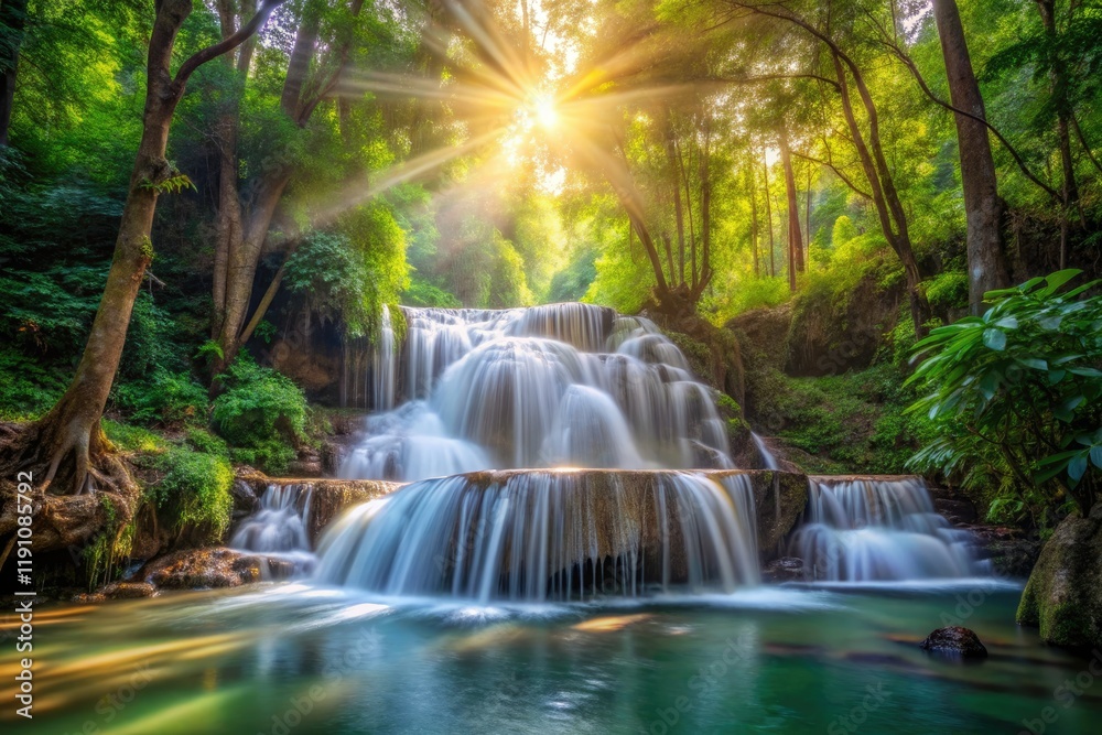 Obraz premium Thailand's summer sunbeams illuminate lush rainforest, cascading waterfalls; stunning photography.