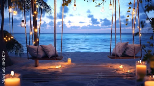 Cozy beach swing illuminated by warm candlelight and string lights, overlooking a serene ocean at twilight.