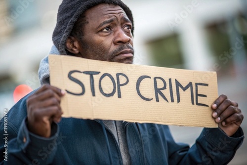 Man holding sign advocating for crime prevention in urban setting. Crime victims support day photo