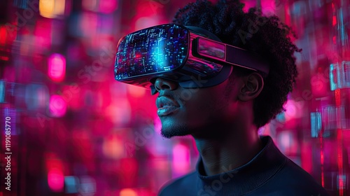 Young man with VR glasses, surrounded by digital icons and floating holographic visuals representing future tech