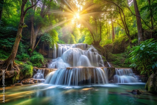 Thailand's summer sunbeams illuminate lush rainforest, cascading waterfalls; stunning photography.