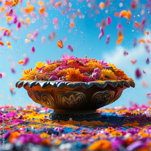 Holi Festival of Colors decorated product display podium background, Spring Holi bloom, colorful flower petals and splashes of vibrant powder, blue skies, vibrant Holi festive colors, hinduism photo