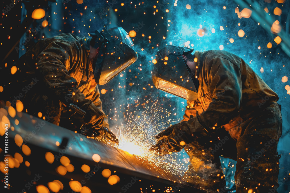 Two men collaborating on a metal fabrication project in a workshop engaged in precision work with tools and equipment for industrial manufacturing and metalworking tasks Two men collaborating on a metal fabrication project in a workshop engaged in precision work with tools and equipment for industrial manufacturing and metalworking tasks