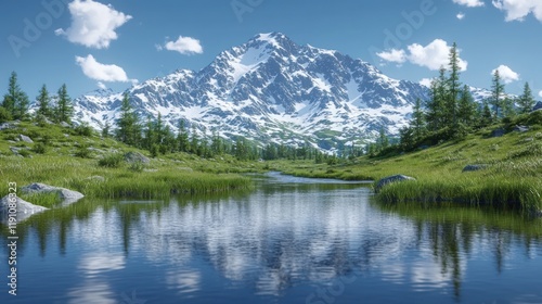 Majestic snow-capped mountain reflected in a calm alpine lake.