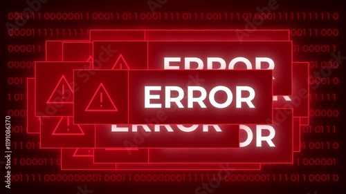 CGI template of multiple red error messages with exclamation mark symbol appearing chaotically on computer screen, against background of running binary digits, during system failure or hacker attack