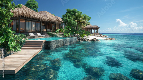 View of villas on a tropical beach with steps leading into crystal-clear water and a walking bridge connecting each villa to the land beach. Suitable for marketing or business purposes photo