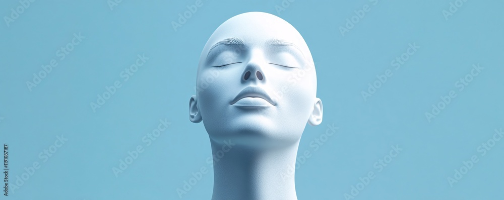 White mannequin head expressing serenity with closed eyes on blue background White mannequin head expressing serenity with closed eyes on blue background