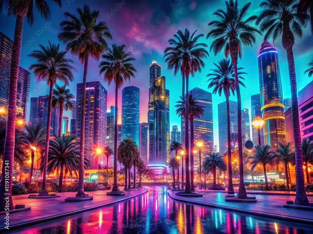 Obraz premium Surreal City Palms at Night - Dreamlike Urban Landscape