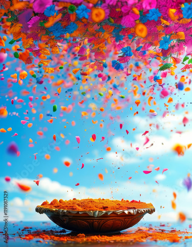 Holi Festival of Colors decorated product display podium background, Spring Holi bloom, colorful flower petals and splashes of vibrant powder, blue skies, vibrant Holi festive colors, hinduism