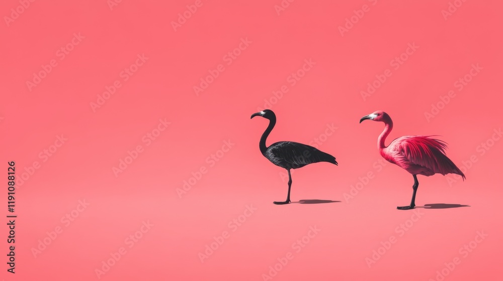 Fototapeta premium Pink black flamingos on vibrant background