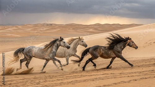 Three horses with long manes galloping in desert for stunning wildlife and action photography. photo