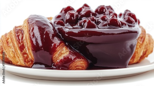 Croissant with Cherry Sauce on White Plate Ideal for Breakfast