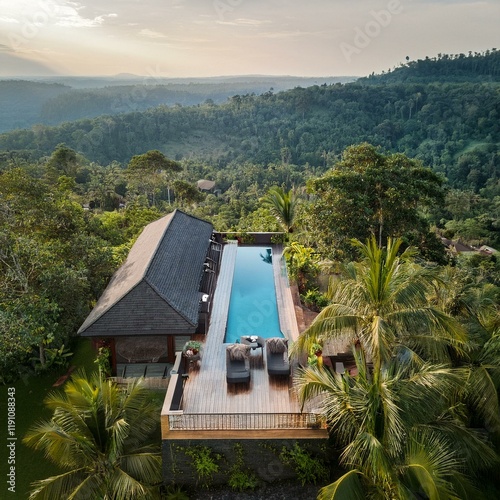 Generated image Aerial shot of a Balinese jungle villa with an infinity pool overlooking a valley