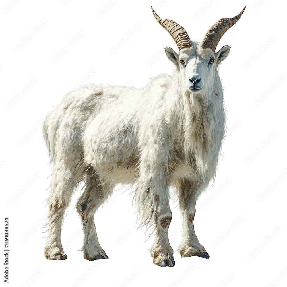 A majestic white goat with prominent horns standing gracefully. A majestic white goat with prominent horns standing gracefully.