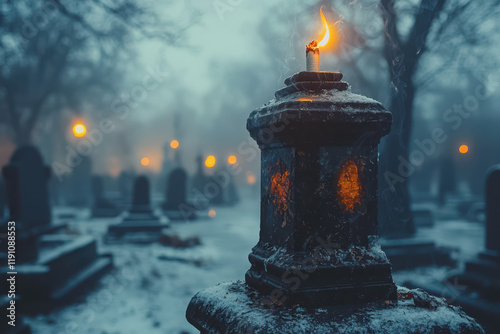 Lit candle surrounded by tombstones in a peaceful cemetery illuminating the night sky with soft glow and creating a serene atmosphere for reflection and remembrance of loved ones photo