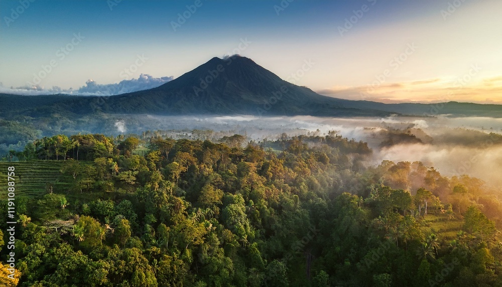 Obraz premium Generated image Drone shot of Mount Agung rising majestically above misty forests at sunrise
