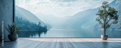 Empty room overlooking tranquil lake and majestic mountains photo