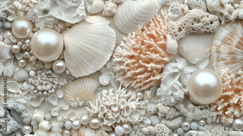 A delicate arrangement of seashells, corals, and pearls in soft ivory tones showcasing natural marine beauty. A delicate arrangement of seashells, corals, and pearls in soft ivory tones showcasing natural marine beauty.