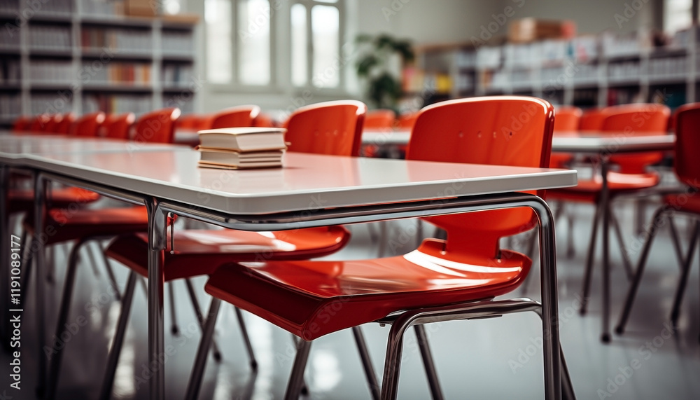 Front View of Classroom with Orange Chairs and Books on Desks Front View of Classroom with Orange Chairs and Books on Desks