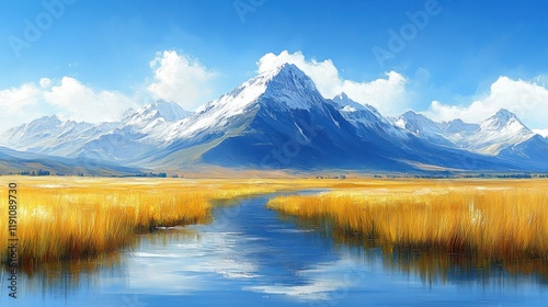 Majestic snow-capped mountains reflected in calm water, golden autumnal grasses.