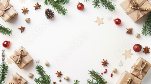 Festive Christmas gifts frame, white background, holiday decor, copy space