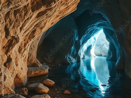 an image of a cave with a body of water inside. photo