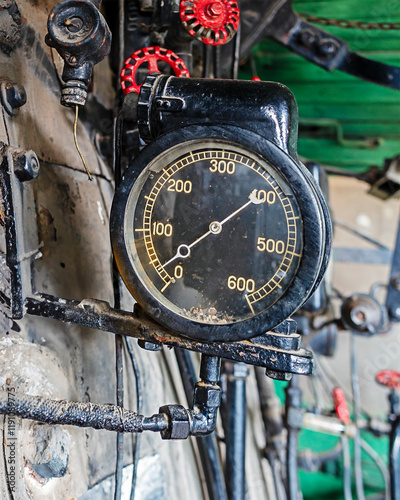 Closeup of an antique steam pressure gauge from an old steam train engine 