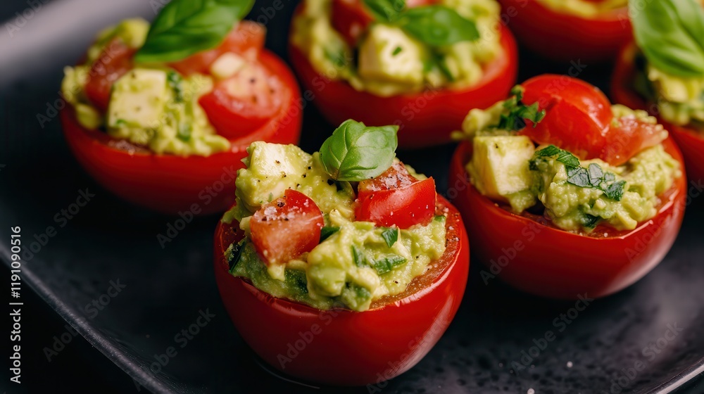 Avocado is a brunch favorite, perfect for guacamole and more. Freshly stuffed tomatoes with avocado and herbs on a black plate. Avocado is a brunch favorite, perfect for guacamole and more. Freshly stuffed tomatoes with avocado and herbs on a black plate.
