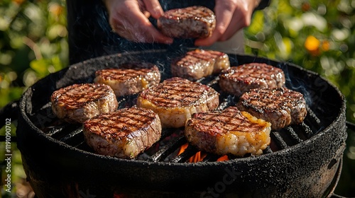 Close up view of a person s hands carefully placing marinated seasoned steaks onto a hot charcoal barbecue grill for a delicious juicy outdoor cooking experience photo