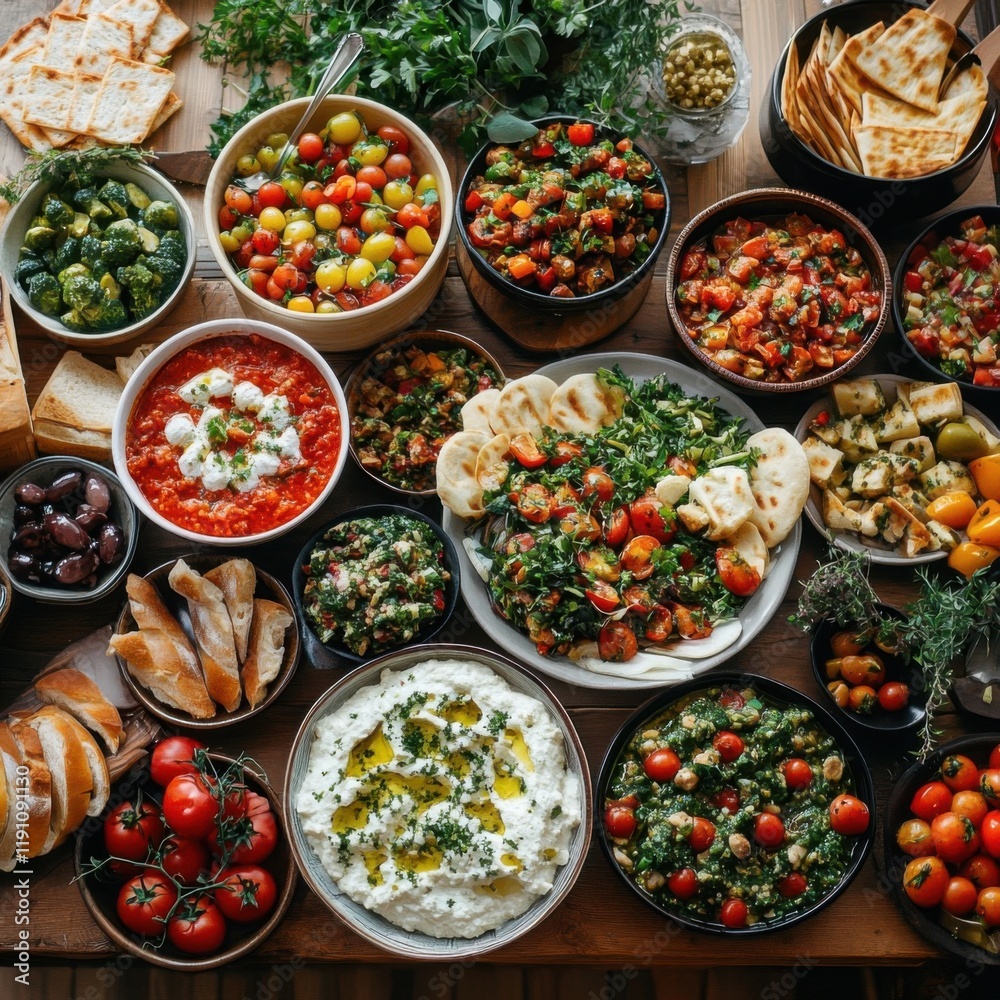 Colorful Mediterranean Feast on Wooden Table Colorful Mediterranean Feast on Wooden Table