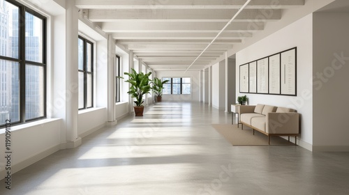 A bright, modern corridor features large windows, a potted plant, and a cozy couch, creating a spacious and inviting atmosphere.