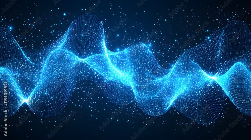 Pulsating blue hued abstract background with dynamic network lines and particles representing the flow and interconnectivity of big data digital technology and information processing systems Pulsating blue hued abstract background with dynamic network lines and particles representing the flow and interconnectivity of big data digital technology and information processing systems